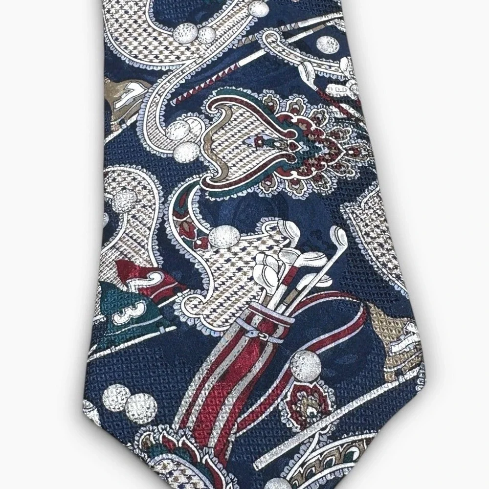 Hunt Club Mens Silk Tie Navy Blue Golf Paisley Clubs Flags Sports Necktie
